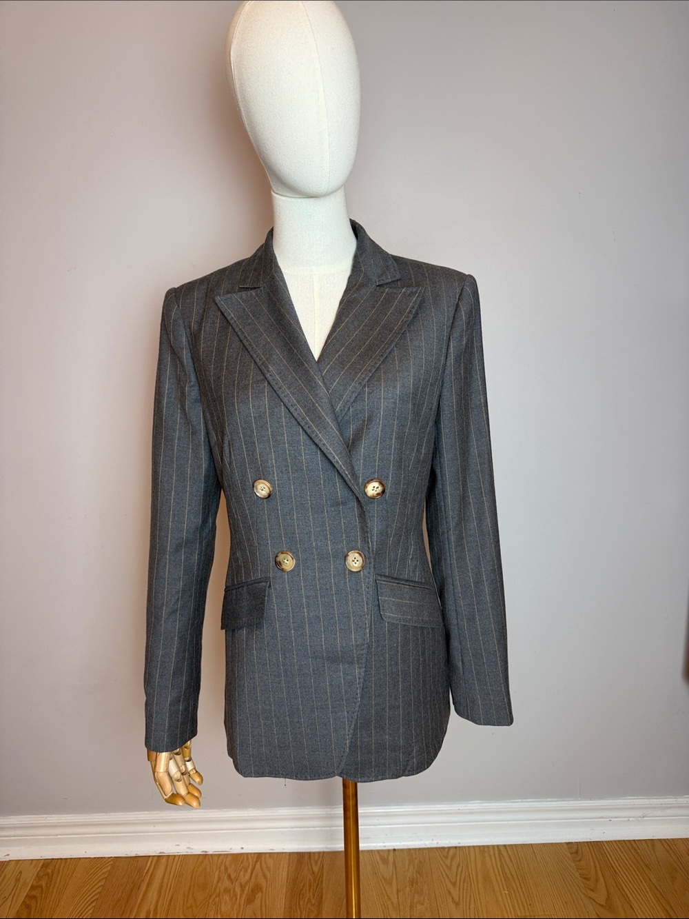 Brooks Brothers Grey Pinstripe Double-Breasted Blazer Italian Fabric Size 4
